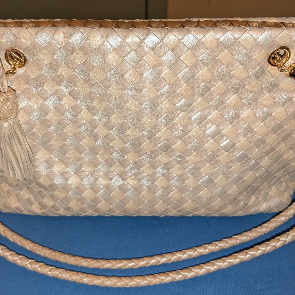 Bottega Veneta Woven Shoulder Bag in Light Taupe with Tassel
